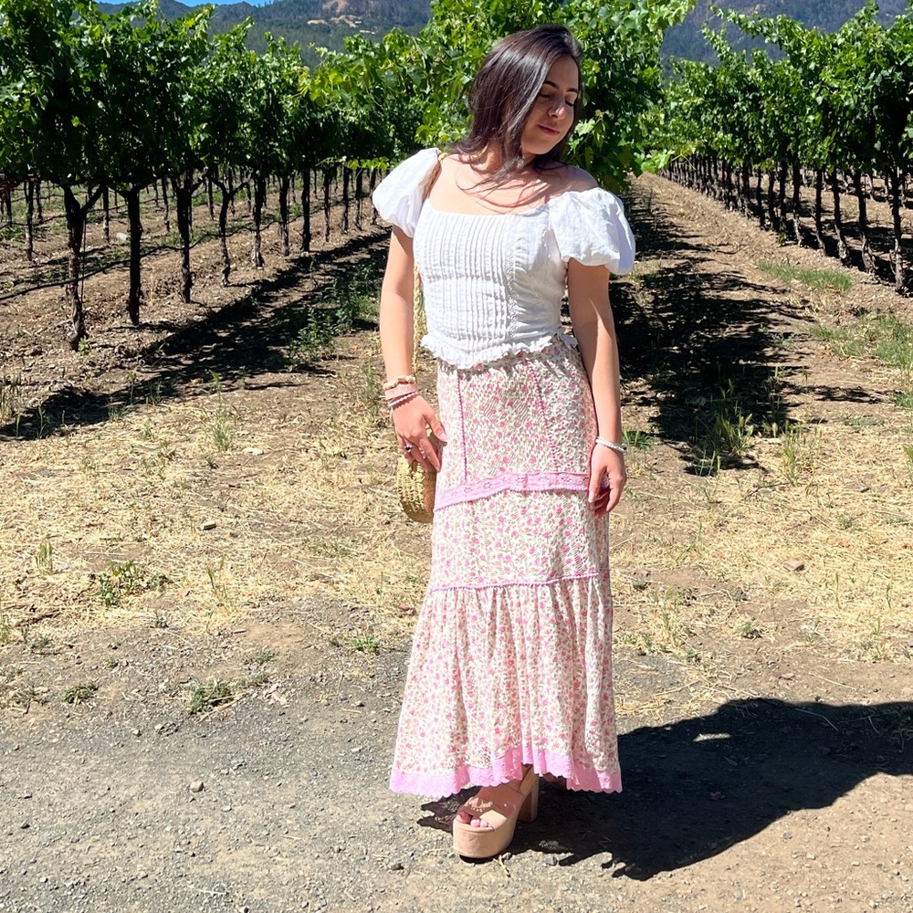LoveShackFancy Floral Pink and Cream Tiered Maxi Skirt